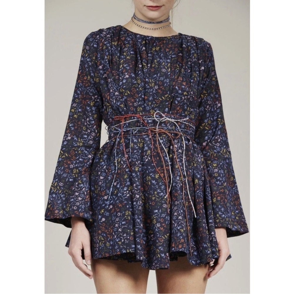 Elliette Tate Floral Silk Mini Dress Womens 4 Navy Blue Rope Belted Bloomcore